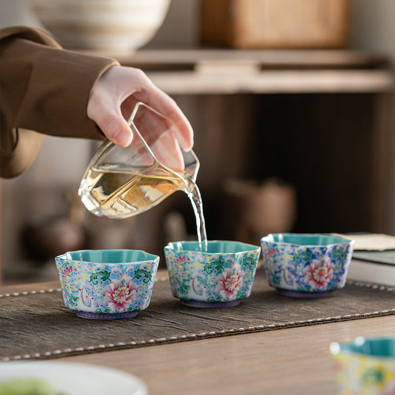 Enamel Glazed Tea Master Cup Set - Handcrafted Gongfu Tea Ceremony Cups with Gift Box (Sunflower & Round Rim Styles)