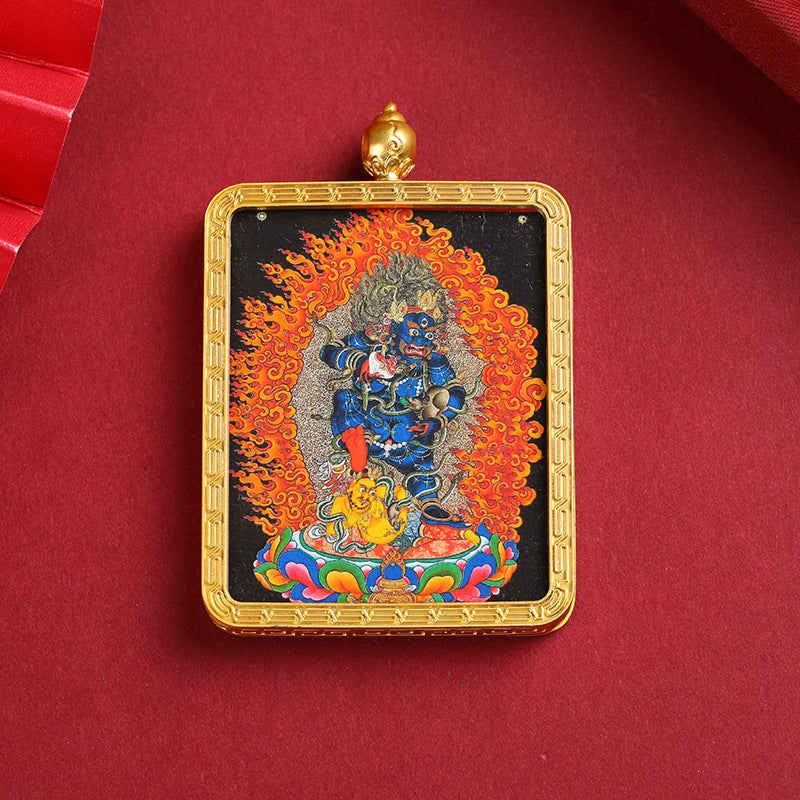 Golden Mahakala Pendant Necklace – Nepalese Thangka Gawu Box Decorative Pendant