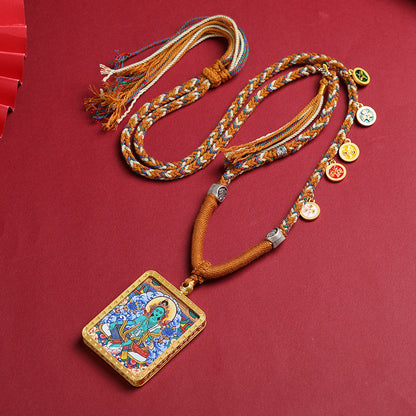 Tibetan Style Necklace with Thangka Pendant & Handwoven Cotton Cord