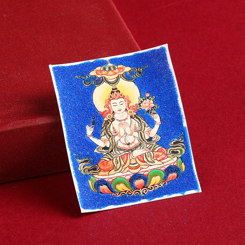 Hand-Painted Gold-Traced Thangka with Cinnabar Rough Sand - Eight Protectors Design