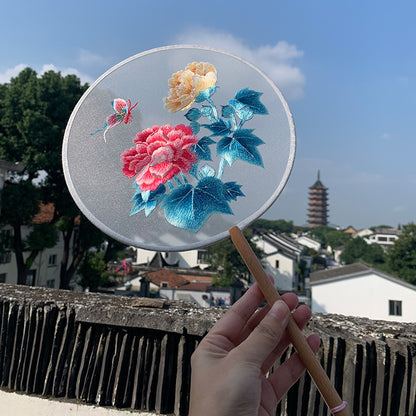 Elegant Double-Sided Embroidered Round Fan with Long Handle - Vintage Palace Style Handheld Fan