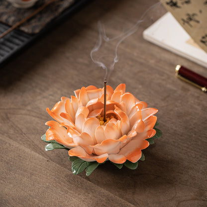 Handcrafted Ceramic Peony Incense Holder - Realistic Flower Design with Incense Slot, Tea Table Decor (Stable Base)