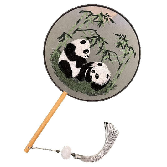Chinese Double-Sided Embroidered Round Fan - Silk Gauze with Panda Design & Wood Handle (21cm Diameter, 15cm Handle, 100g)