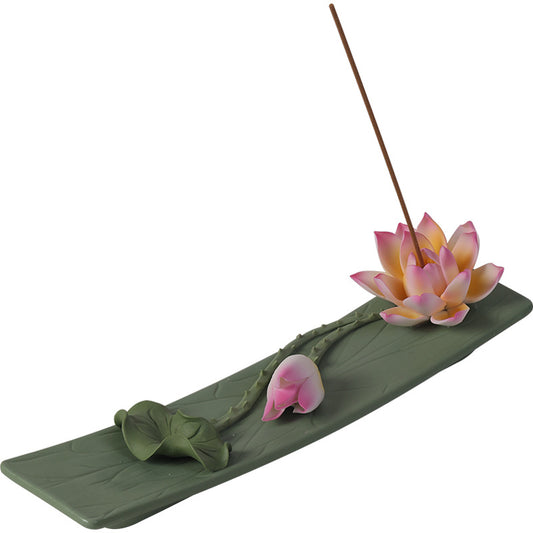 Handmade Ceramic Lotus Incense Holder - Flat-Lying Zen Decor for Tea Table with Non-Slip Base