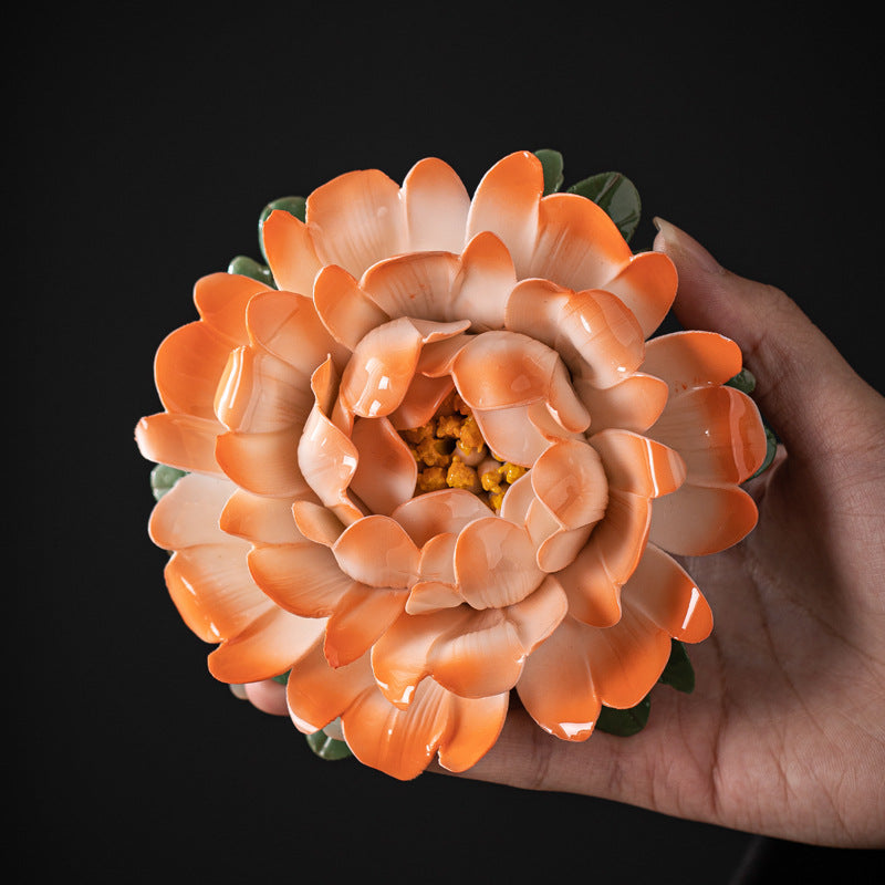 Handcrafted Ceramic Peony Incense Holder - Realistic Flower Design with Incense Slot, Tea Table Decor (Stable Base)