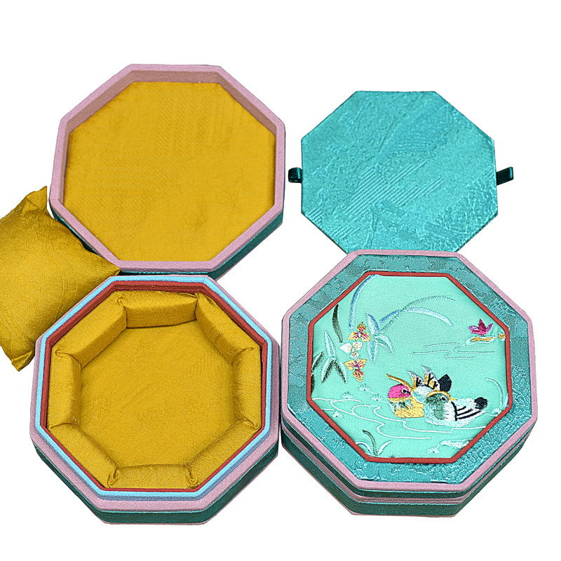 Octagonal Embroidered Jewelry Box – Traditional Chinese Brocade Bracelet & Bangle Storage Case