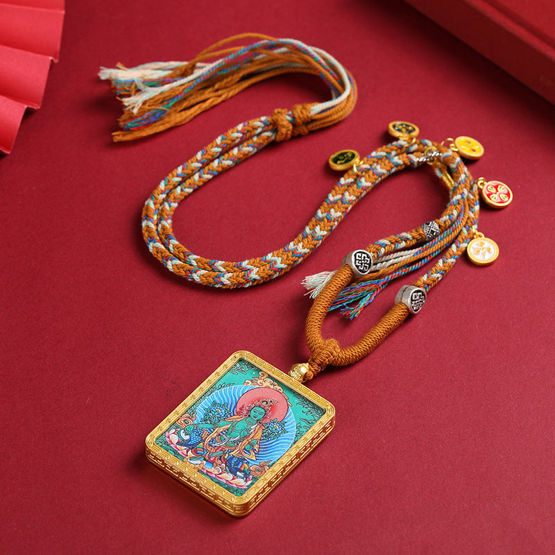Tibetan Style Necklace with Thangka Pendant & Handwoven Cotton Cord