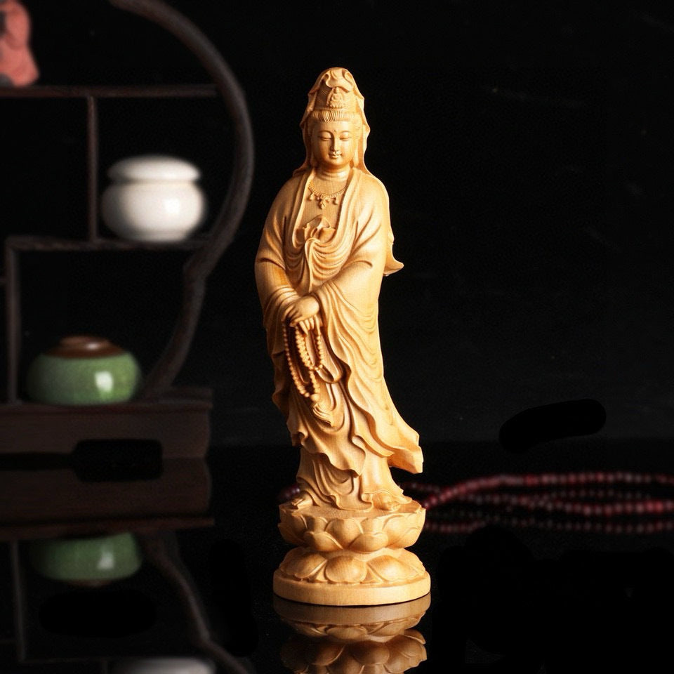 Guanyin Bodhisattva with Prayer Beads – Yellow-cedar Wood Carving for Home & Office Decor