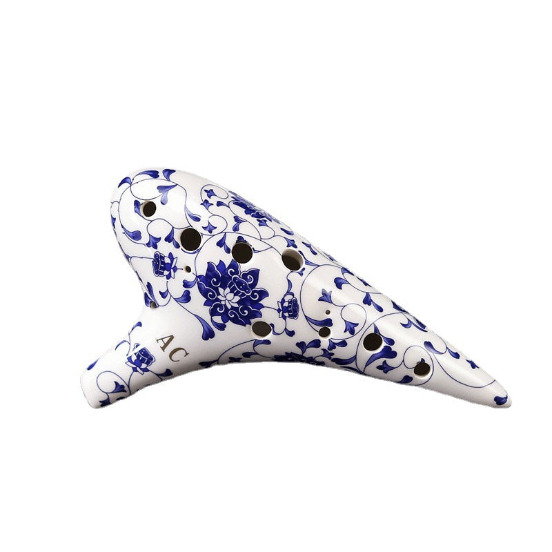 12-Hole Alto C Ceramic Ocarina - Blue & White Porcelain Style (SF/SG/SC/AC Tuning, 18x10x5cm) with Music Sheet, Neck Strap & Carry Bag