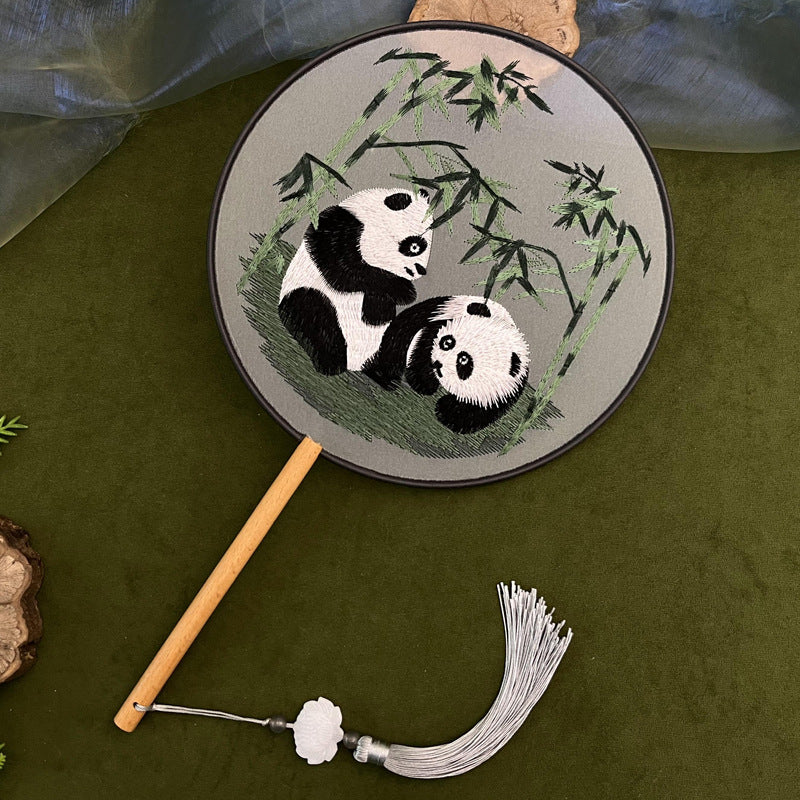 Chinese Double-Sided Embroidered Round Fan - Silk Gauze with Panda Design & Wood Handle (21cm Diameter, 15cm Handle, 100g)