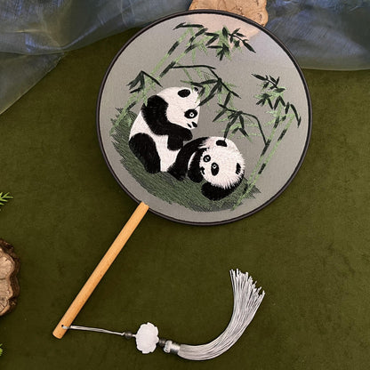 Chinese Double-Sided Embroidered Round Fan - Silk Gauze with Panda Design & Wood Handle (21cm Diameter, 15cm Handle, 100g)