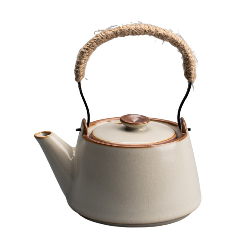 Yellow Ru Kiln Arch-Handle Teapot - Handcrafted Crackle Glaze Ceramic (250ml, 13x14cm)