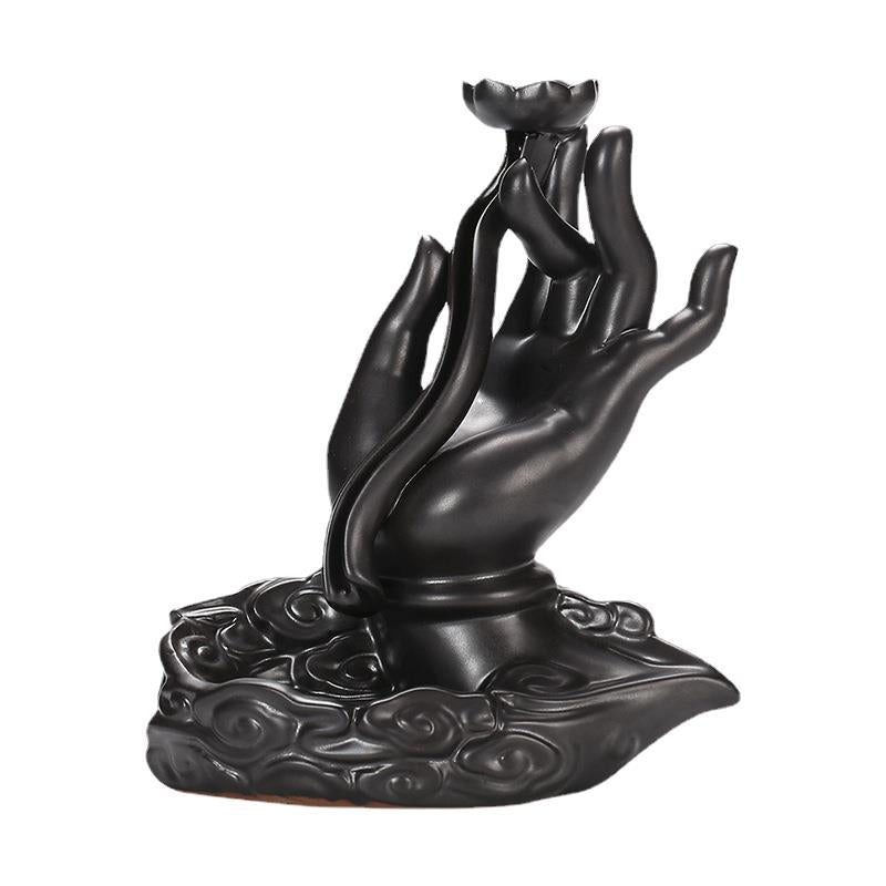 Ceramic Backflow Incense Holder - Buddha Hand Design with Smoke Waterfall Effect (14.5x16cm, Zen Home Decor)