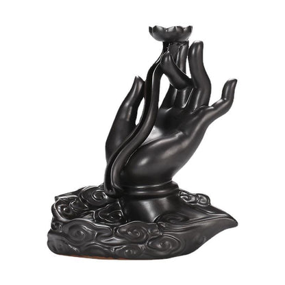 Ceramic Backflow Incense Holder - Buddha Hand Design with Smoke Waterfall Effect (14.5x16cm, Zen Home Decor)