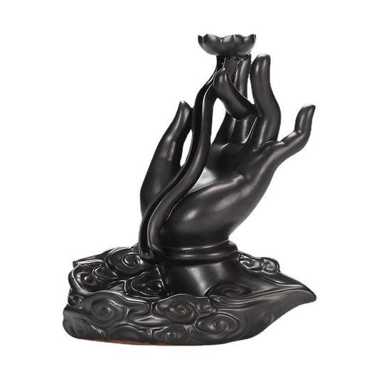 Ceramic Backflow Incense Holder - Buddha Hand Design with Smoke Waterfall Effect (14.5x16cm, Zen Home Decor)