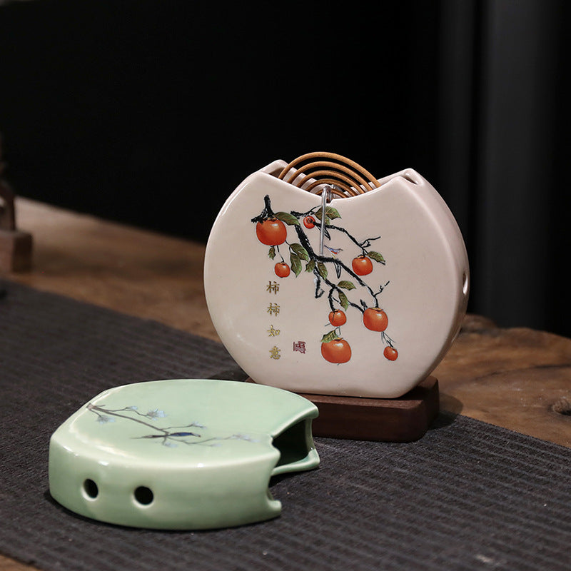 Persimmon-Themed Ceramic Incense Burner - Mini Round Fan Design for Coil Incense (11.5x10x2.2cm, 180g)