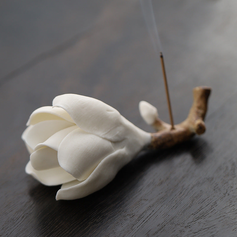 Handmade Ceramic Magnolia Incense Holder - Classic Chinese Desk Decor with Circular Base (9.4x4.7x3.8cm, 10.9cm Stand)