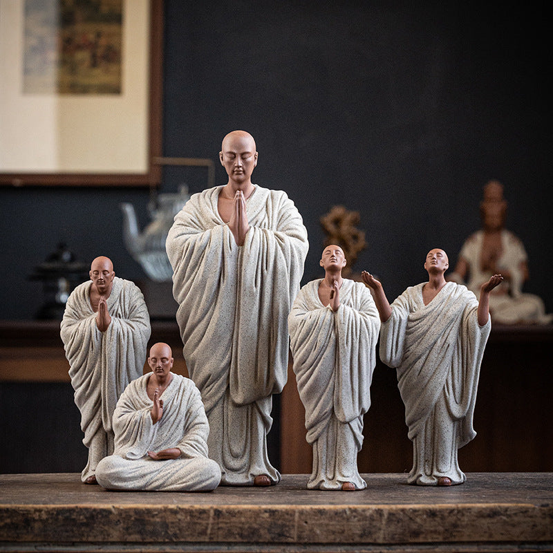 Zen Purple Clay Monk Figurines - Set of 6 Handcrafted Buddhist Statues for Tea Table & Home Decor