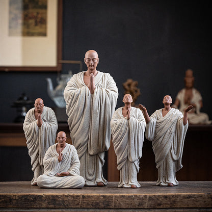 Zen Purple Clay Monk Figurines - Set of 6 Handcrafted Buddhist Statues for Tea Table & Home Decor