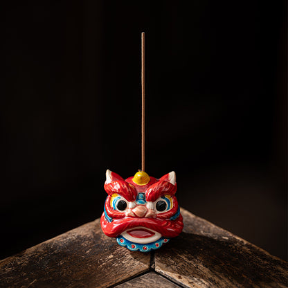 Lion Head Ceramic Incense Holder with Wood Base - Auspicious Animal Zen Decor (7x6x6cm, 10cm Wood Stand)