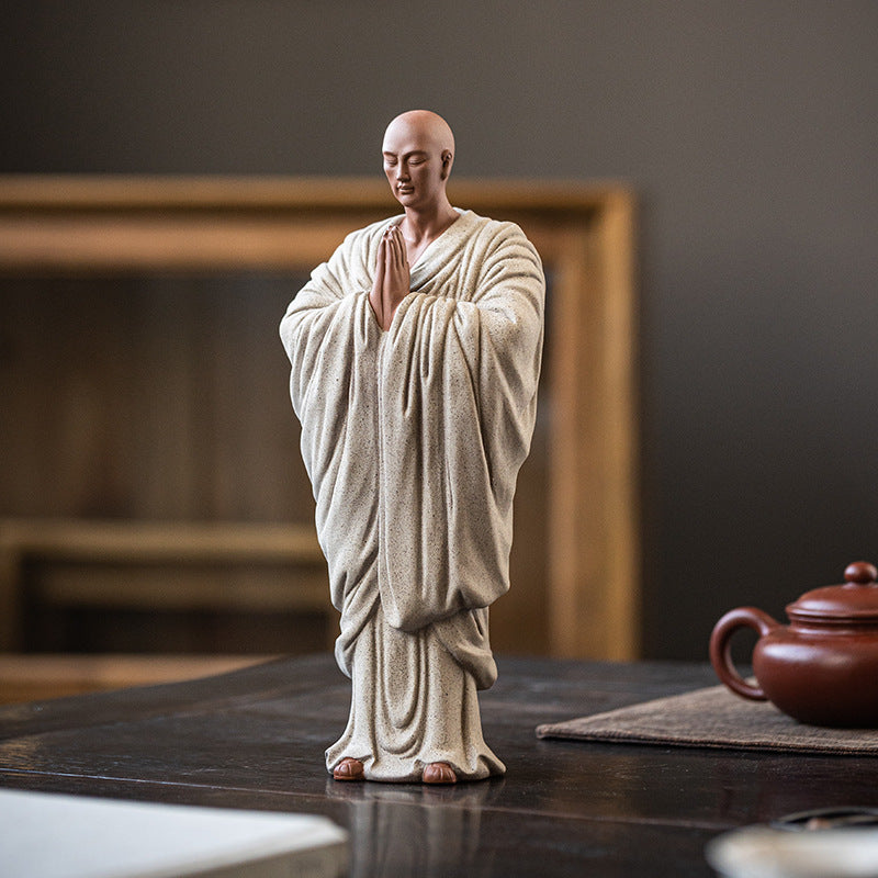 Zen Purple Clay Monk Figurines - Set of 6 Handcrafted Buddhist Statues for Tea Table & Home Decor