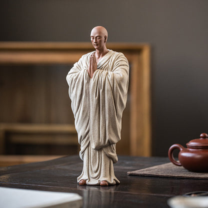 Zen Purple Clay Monk Figurines - Set of 6 Handcrafted Buddhist Statues for Tea Table & Home Decor