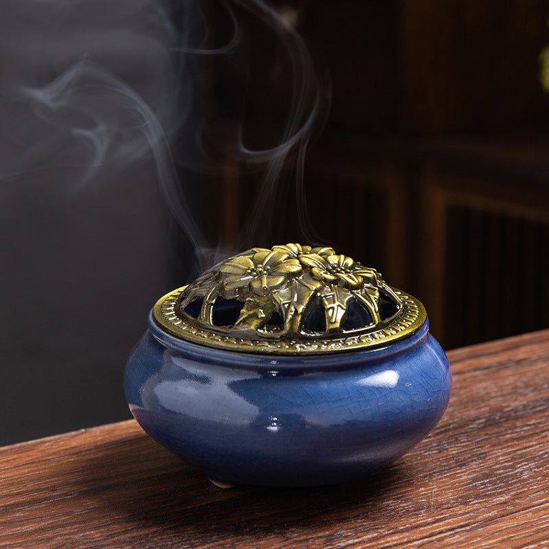Beautiful Ice-Crack Porcelain Incense Burner with Pottery Plate for Relaxation and Meditation