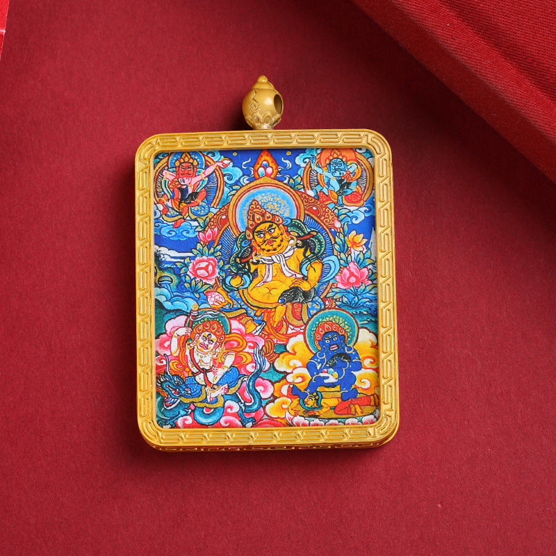 Tibetan Thangka Pendant – Golden Yellow Dzambhala (Wealth Buddha) Thangka Design