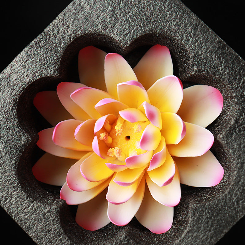Handmade Ceramic Lotus Incense Holder - Zen Home Altar Decor with Leaf Base (14.5cm Flower, 600g Total)