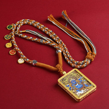 Gold Accented Mahakala Thangka Pendant - Tibetan Protector Deity Necklace