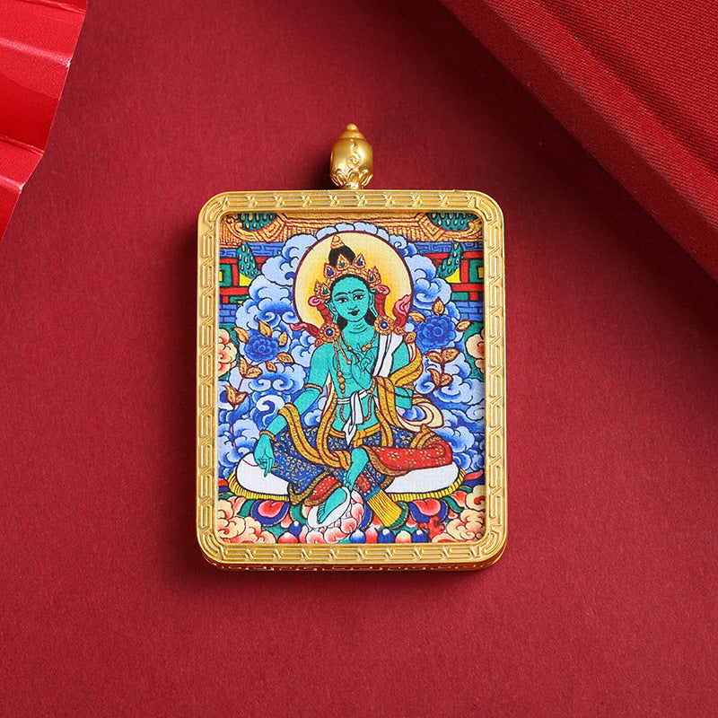 Tibetan Thangka Pendant Necklace – Green Tara & Medicine Buddha Hand-Painted Design