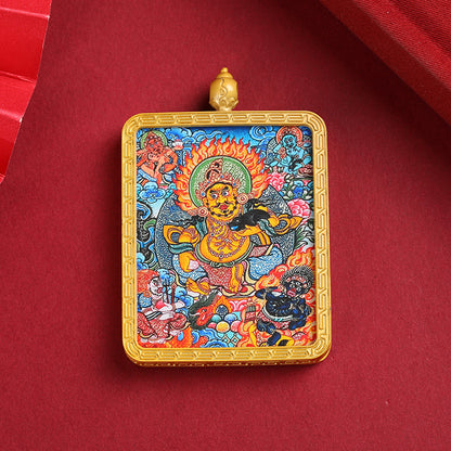 Tibetan Thangka Pendant – Golden Yellow Dzambhala (Wealth Buddha) Thangka Design