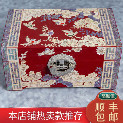 Mother of Pearl Lacquerware Jewelry Box, Wedding Gift, High-end Wooden Ear Jewelry Necklace Storage Box, Chinese Style Lockable Pearl Treasure Box