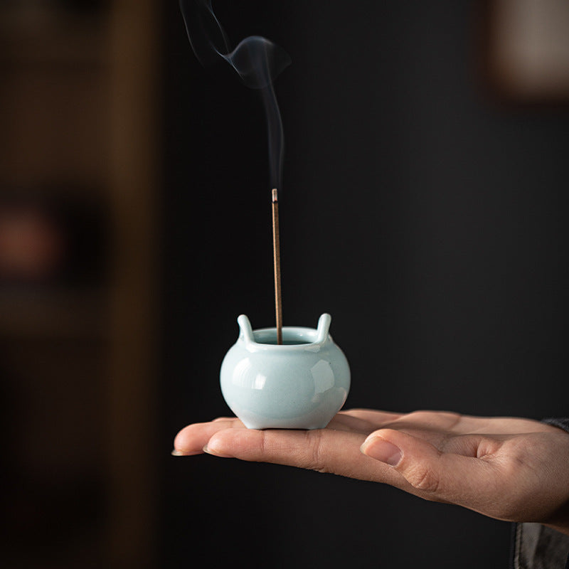 Mini Ceramic Tripod Incense Burner - Compact Zen Incense Holder for Tea Table (5x5x4.3cm, 9-Hole Design)