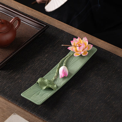 Handmade Ceramic Lotus Incense Holder - Flat-Lying Zen Decor for Tea Table with Non-Slip Base