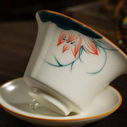 Hand-Painted Ru Porcelain Gaiwan, Ivory White Ceramic Tea Set, Crackle Glaze Three-Talent Bowl, Gongfu Tea Cup, 150ml