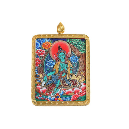 Tibetan Thangka Pendant Necklace – Green Tara & Medicine Buddha Hand-Painted Design