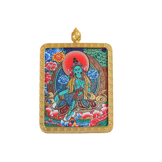 Tibetan Thangka Pendant Necklace – Green Tara & Medicine Buddha Hand-Painted Design