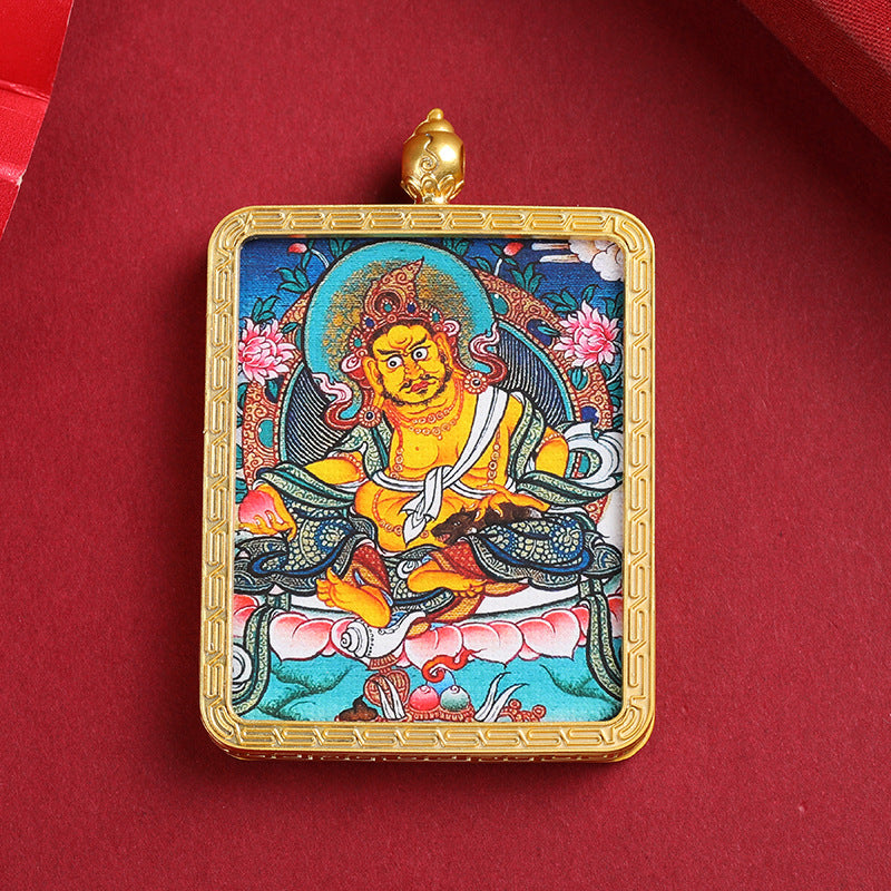 Tibetan Thangka Pendant – Golden Yellow Dzambhala (Wealth Buddha) Thangka Design