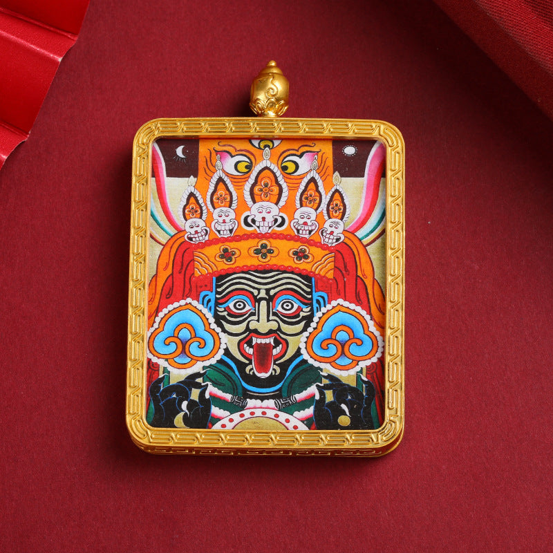 Zaki Ram Tibetan Thangka Pendant – Golden Square Pendant with Sacred Artwork