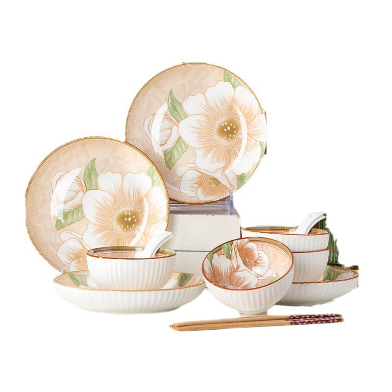 Camellia Ceramic Dinnerware Set - Japanese Style Tableware (11.8cm Rice Bowl, 20.3cm Plate, 23cm Chopsticks)