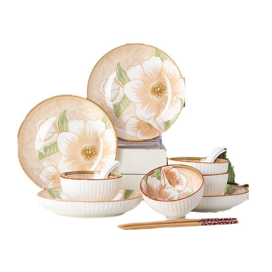 Camellia Ceramic Dinnerware Set - Japanese Style Tableware (11.8cm Rice Bowl, 20.3cm Plate, 23cm Chopsticks)