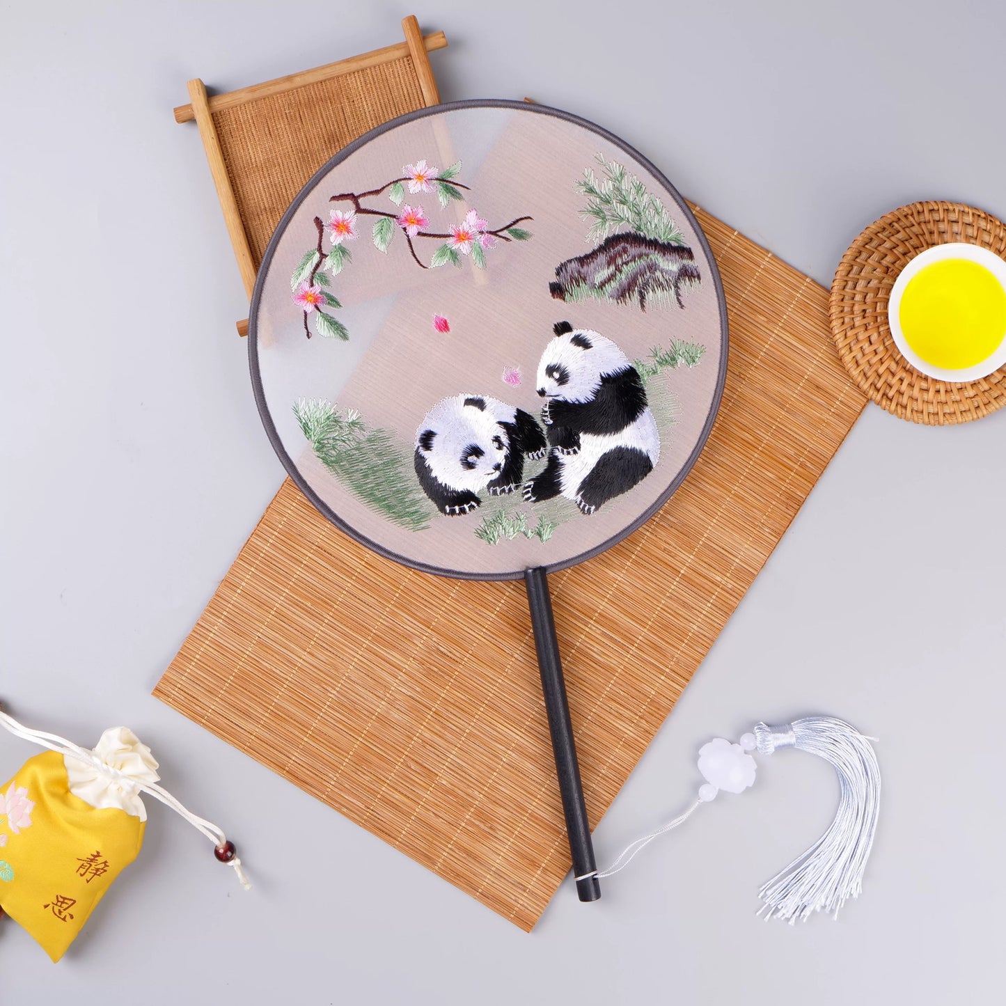 Chinese Double-Sided Embroidered Round Fan - Silk Gauze with Panda Design & Wood Handle (21cm Diameter, 15cm Handle, 100g)
