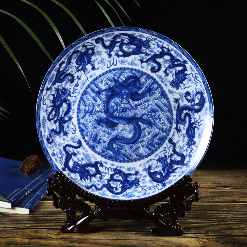 Jingdezhen Blue & White Porcelain Plates - Hand-Painted Chinese Decor (25cm Diameter, 16 Classic Designs, 1000g)