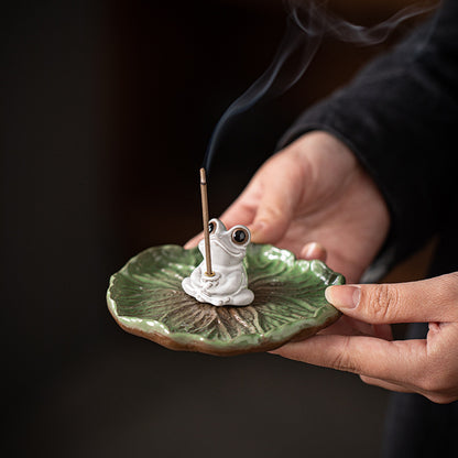 Ceramic Frog Incense Holder with Lotus Leaf Base - Cute Home Decor for Sticks Incense, Tea Table & Meditation (Handcrafted)