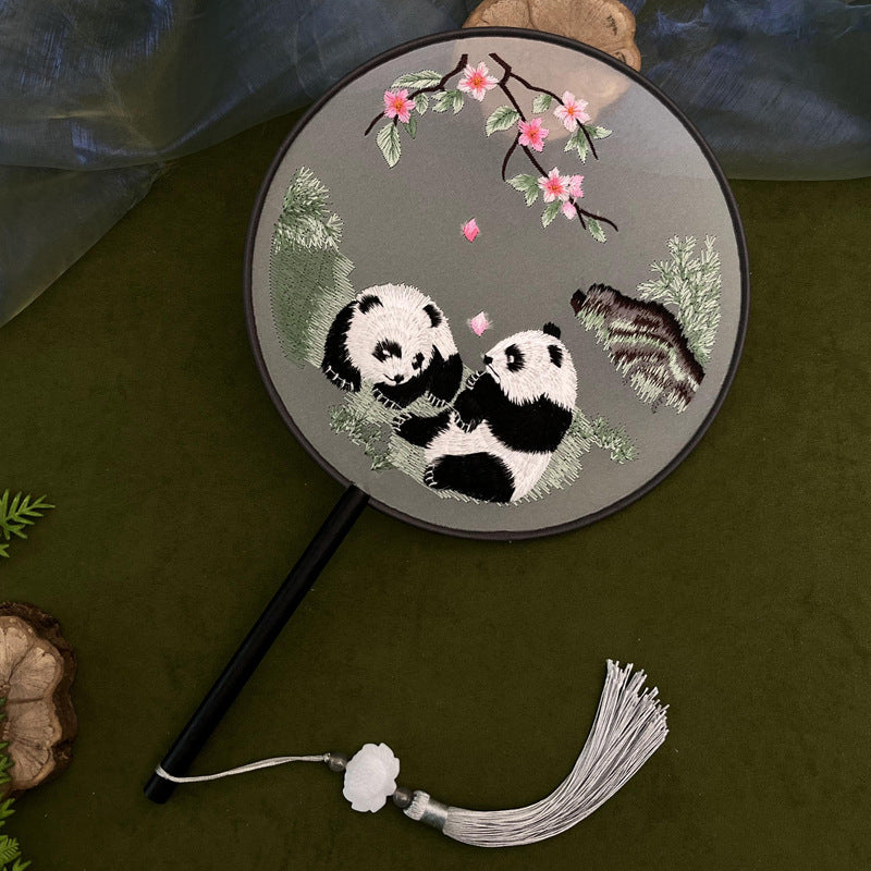 Chinese Double-Sided Embroidered Round Fan - Silk Gauze with Panda Design & Wood Handle (21cm Diameter, 15cm Handle, 100g)