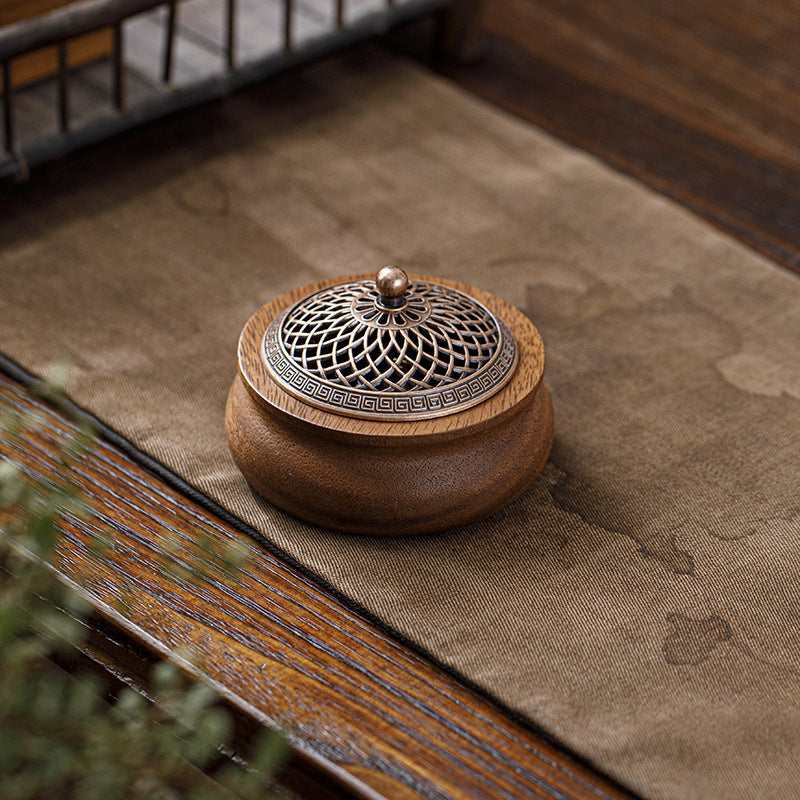 Walnut Wood Incense Burner – Round Shape Natural Wooden Incense Holder for Home & Tea Room