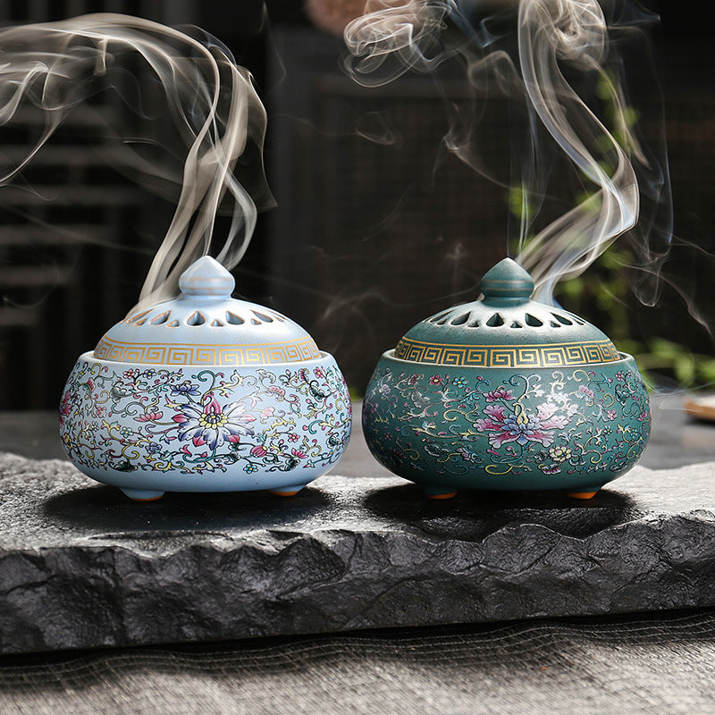 Enamel Lotus Dish Ceramic Incense Burner for Home Decoration and Aromatherapy