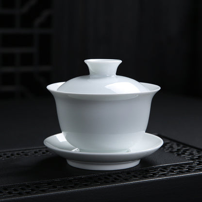 Blue and White Porcelain Gaiwan, Large High-White Glazed Tea Bowl, Japanese-Style Three-Component Set, 160ml