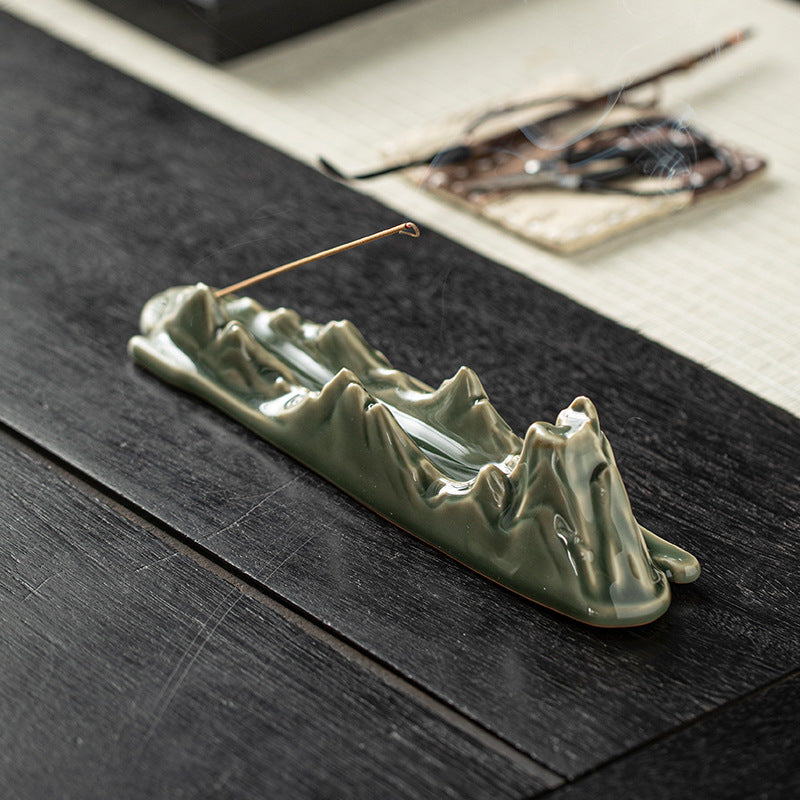 "A Thousand Miles of Rivers and Mountains" Ceramic Incense Holder - Blue-Glazed Zen Incense Burner (21.7x5.3x5.5cm, 2.5mm Hole)
